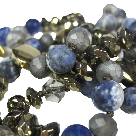 Necklace Blue Stone Beaded Goldtone Faceted Metal 36 inch Strand Statement - Picture 1 of 6